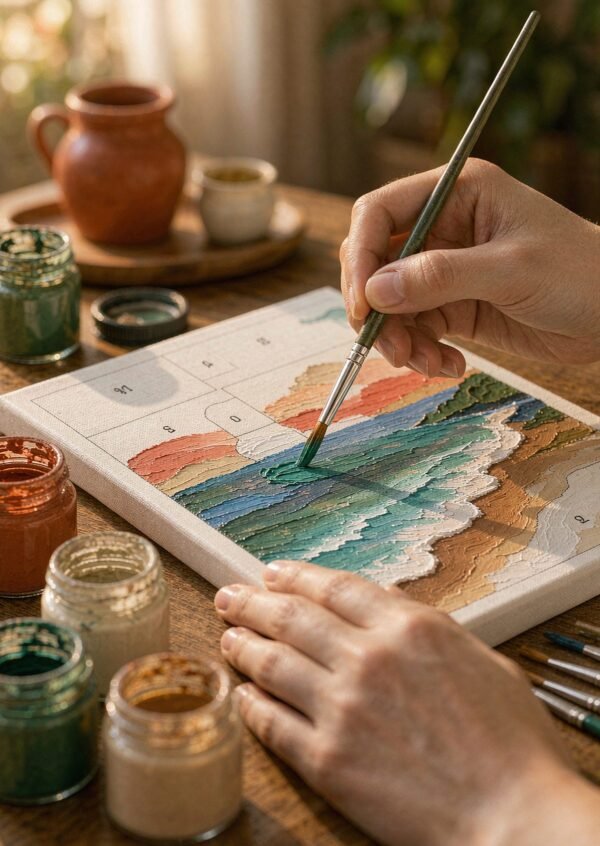 Hands painting numbered canvas close up Two hands applying teal paint to a numbered seascape section with paint pots