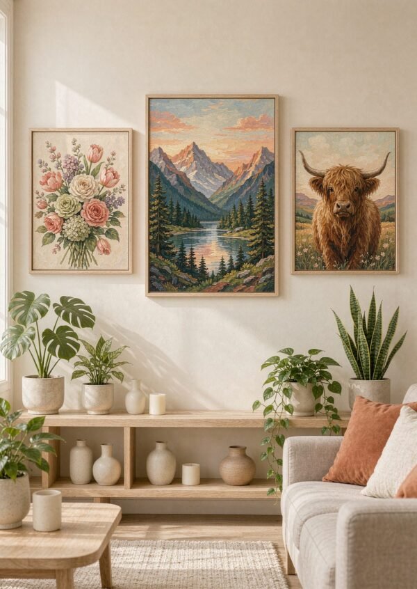 Three framed paint by numbers on a gallery wall Mountain, floral and highland cow paint by numbers canvases on a cream wall