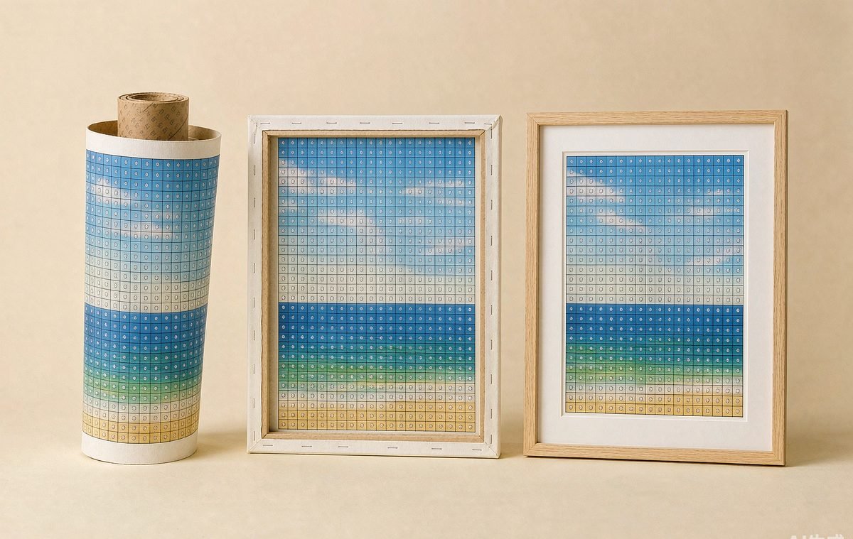 Rolled, Stretched and Framed mounting options compared side by side