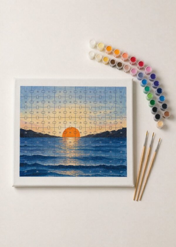 Paint by numbers kit contents flat lay Numbered canvas with acrylic paint pots and three brushes laid out