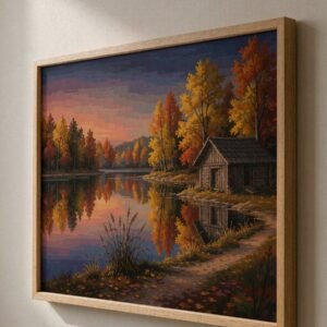 Framed paint by numbers canvas of a wooden cabin by a lake in autumn