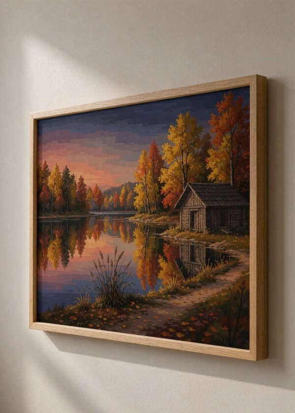 Framed paint by numbers canvas of a wooden cabin by a lake in autumn