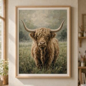 Highland Cow paint by numbers kit framed Framed paint by numbers canvas of a shaggy highland cow in a misty field
