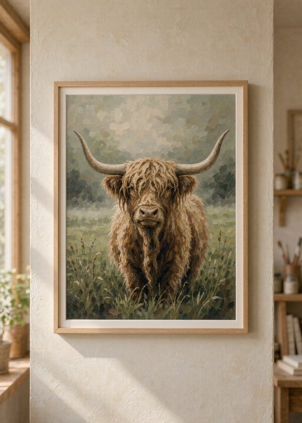 Highland Cow paint by numbers kit framed Framed paint by numbers canvas of a shaggy highland cow in a misty field
