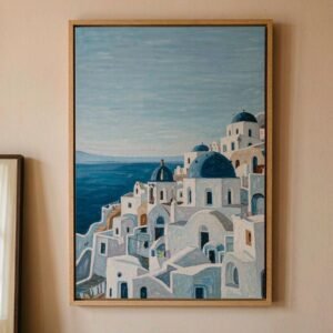 Framed paint by numbers canvas of blue domed houses above the Aegean sea