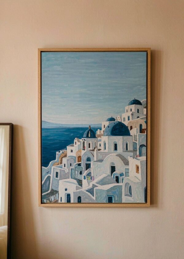 Framed paint by numbers canvas of blue domed houses above the Aegean sea