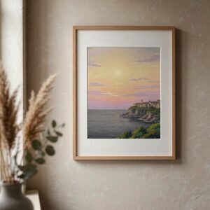 Sunset Overlook paint by numbers kit in oak frame on a wall Framed paint by numbers canvas of a coastal sunset hanging on a warm white wall