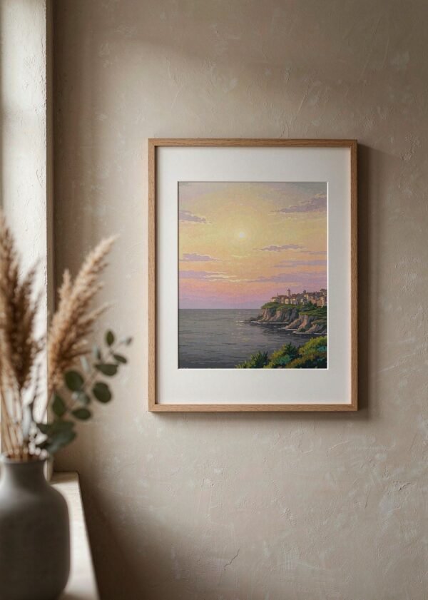 Framed paint by numbers canvas of a coastal sunset hanging on a warm white wall