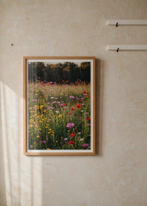 Framed paint by numbers canvas of a summer meadow with cosmos and poppies